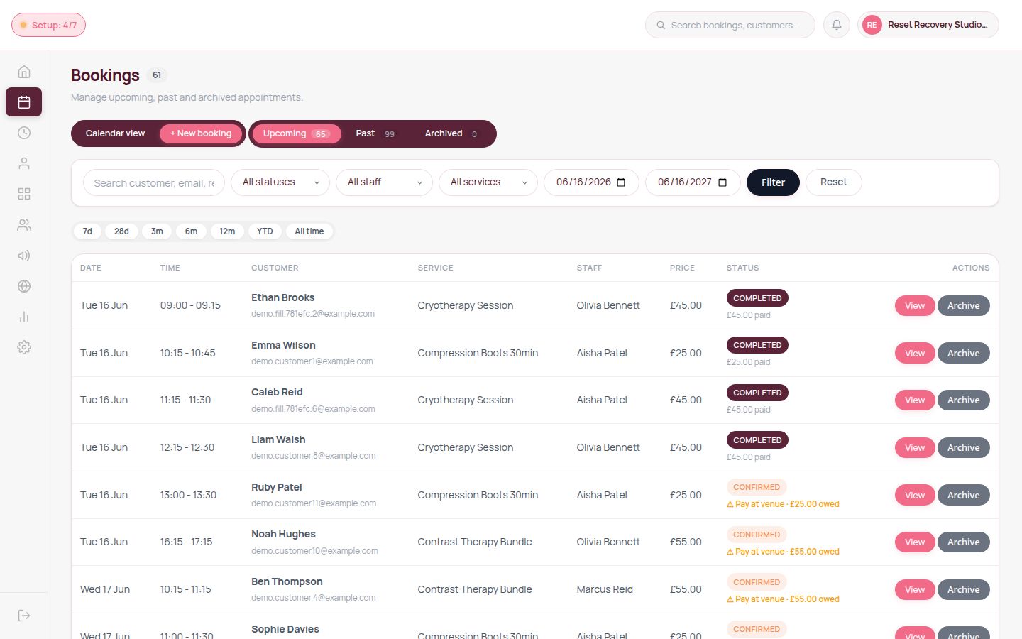 Velixa bookings and payments list